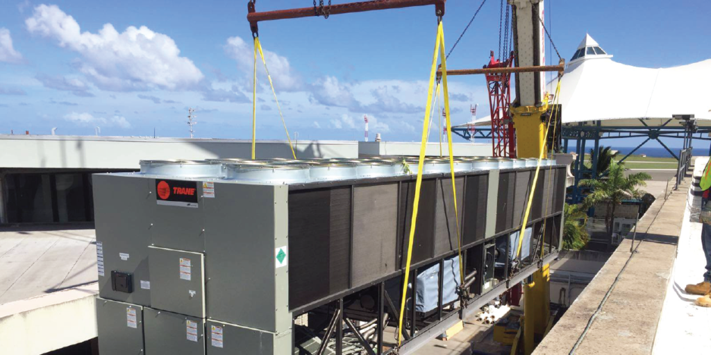 Air Conditioning Barbados - Trane Air Cooled Water Chillers installation at Grantly Adams Airport.